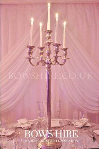 100cm Silver Candelabra for hire, centrepieces by Bows Hire