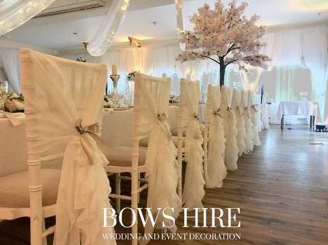 Ivory Chiffon Hood with Tail for hire, chair accessories by Bows Hire