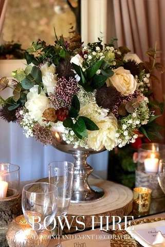 Silver Punchbowl with Flowers for hire, centrepieces by Bows Hire