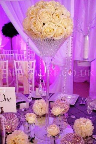 70cm Martini Vase with Flowers for hire, centrepieces by Bows Hire