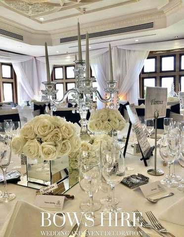Square Mirrored Boxes with Ivory Rose Ball for hire, finishing touches by Bows Hire