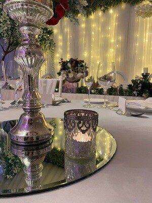 Large Glass Antique Tea-light with Silver Trim for hire by Bows Hire