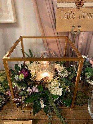 Gold Flower Cubes with Mini Hurricanes and Flowers for hire by Bows Hire